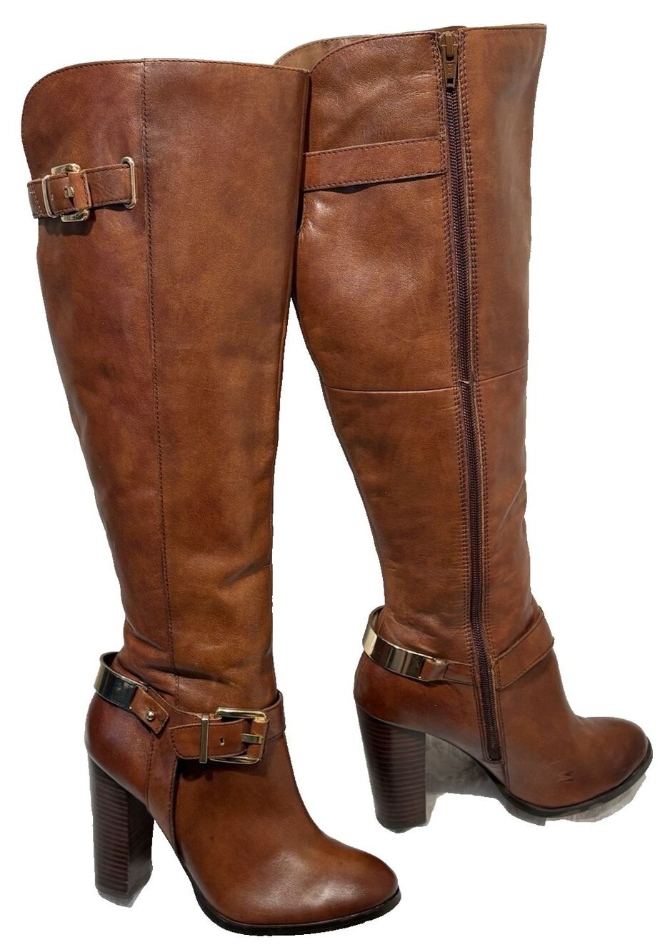 ALDO Brantingham Brown Leather Knee-High Buckle 4" Heeled Full Zip Boots 7.5